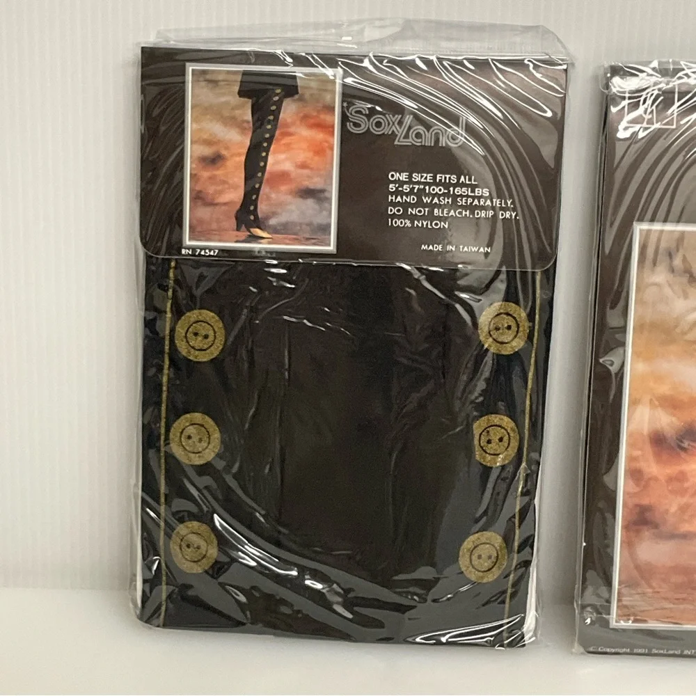 #2 VINTAGE SOXLAND OS Footed Tights Lot of 2 Black w Gold Button Embellish Look